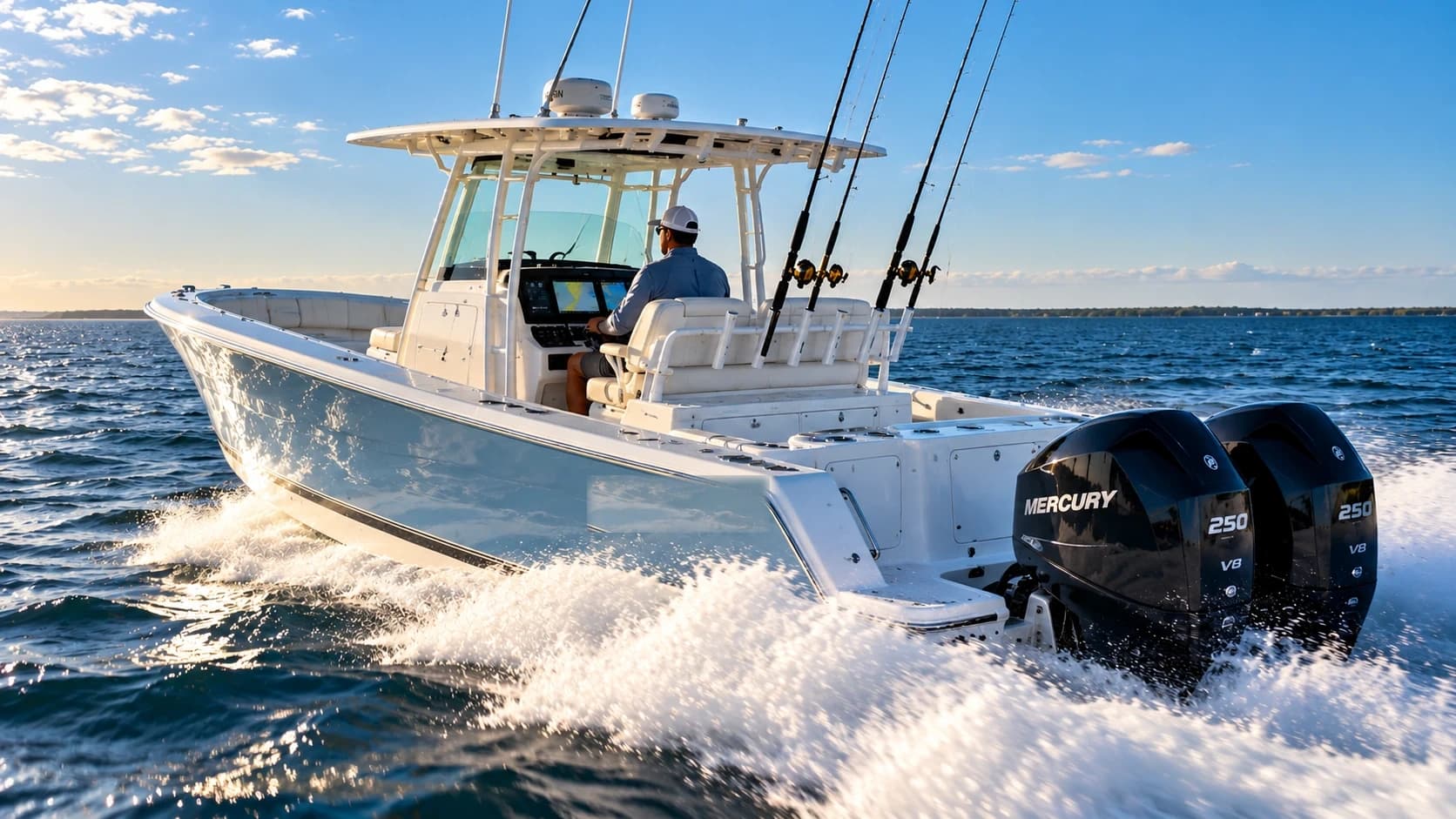 Center console boat underway on the water